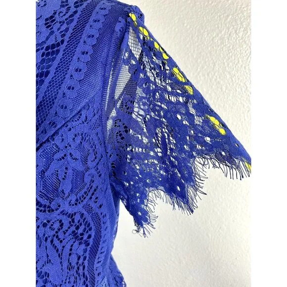 Merokeety Maxi Dress Lace Overlay Indigo Blue Boho Crochet Fringe Knit V Neck L - Picture 4 of 16